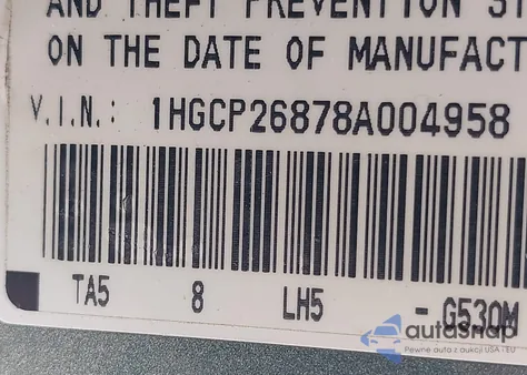 2008 Honda Accord 2.4 Ex-L из США, поврежденный, VIN 1HGCP26878A004958